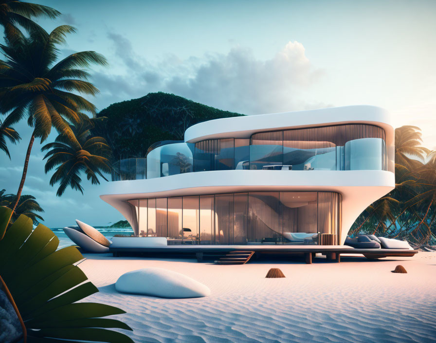 Modern Beach House with Large Windows and Palm Trees at Dusk