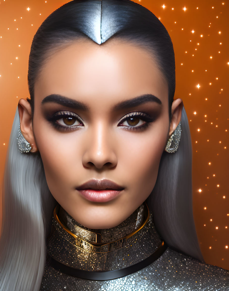 Illustration of woman with silver hair and futuristic collar against starry orange backdrop