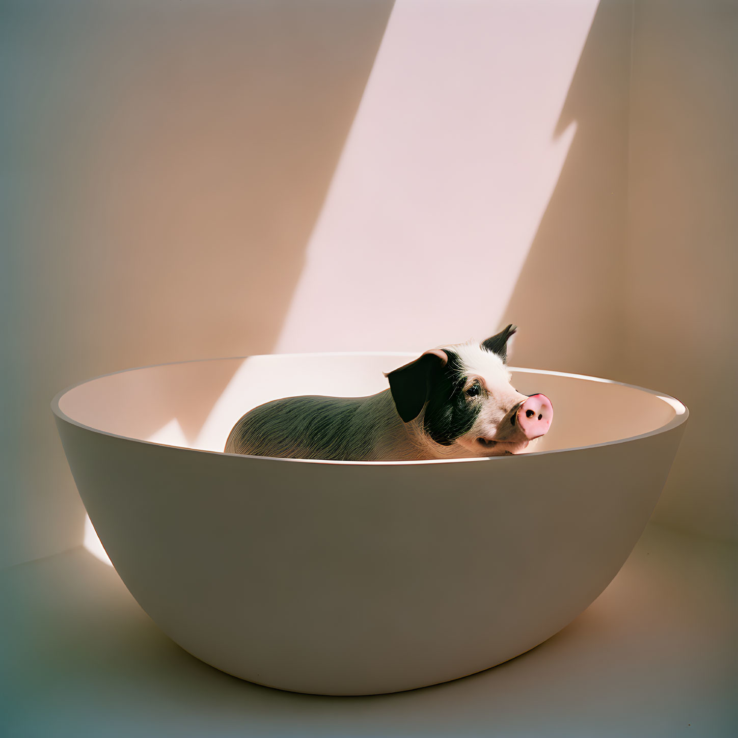 pig playing with foam in bathtub,white background,