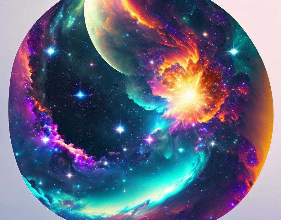 Multicolored Nebulas and Planet in Circular Cosmic Scene