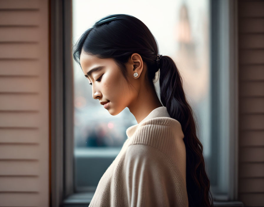 Young woman with braided hair in beige sweater by window