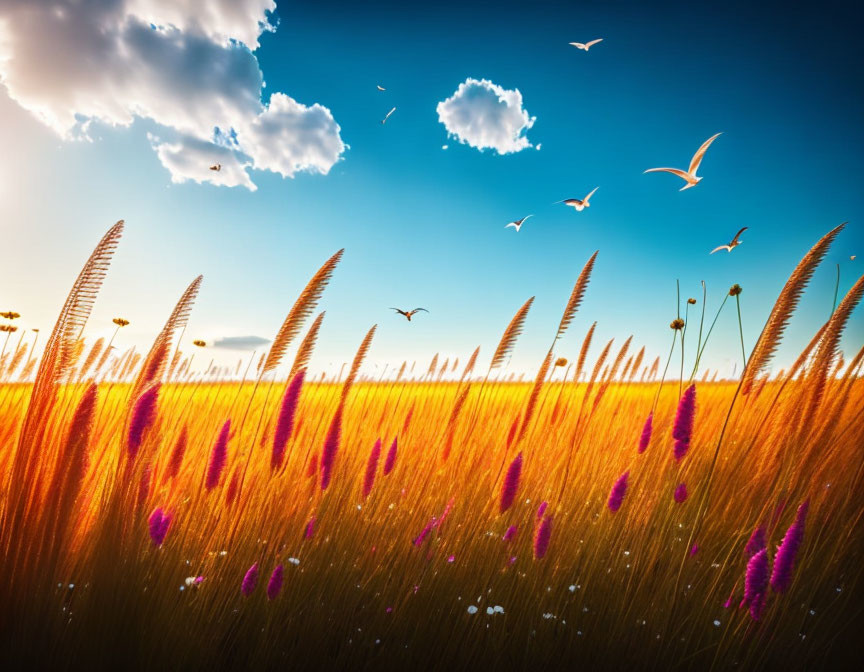 Colorful sunset scene with birds, wheat field, wildflowers, and clouds