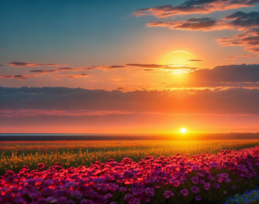 Colorful Flower Field Sunset Casting Warm Glow