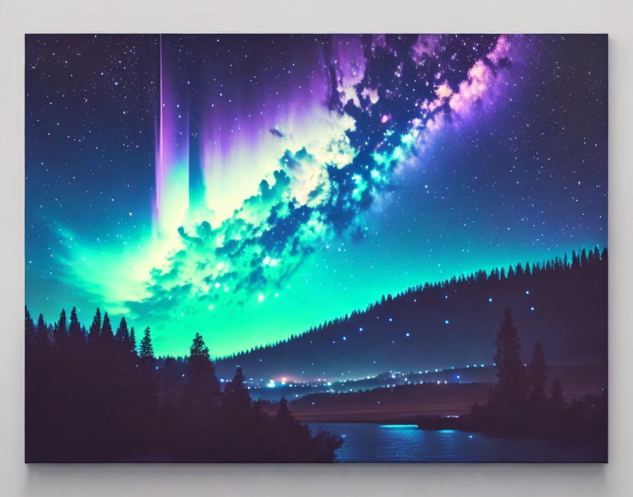 Tranquil forest and lake under vivid aurora borealis