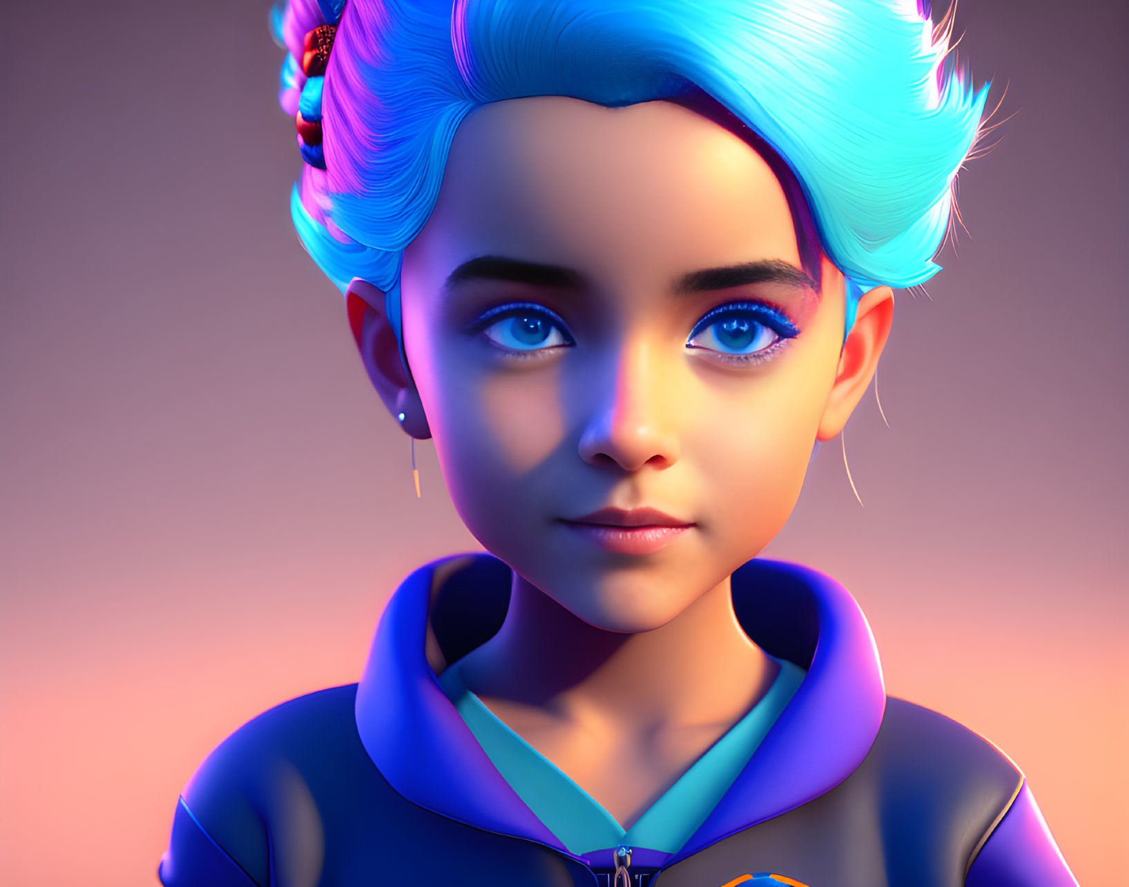 Child with Vibrant Blue Hair and Blue Eyes Against Gradient Background