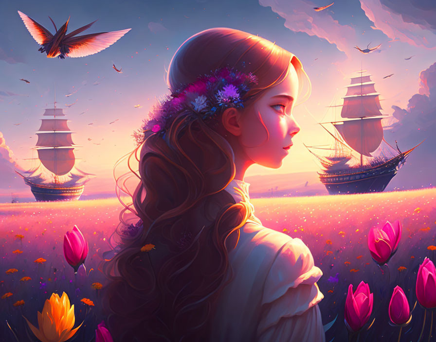 Woman in floral wreath observes flying ships and hummingbirds in dreamy meadow.