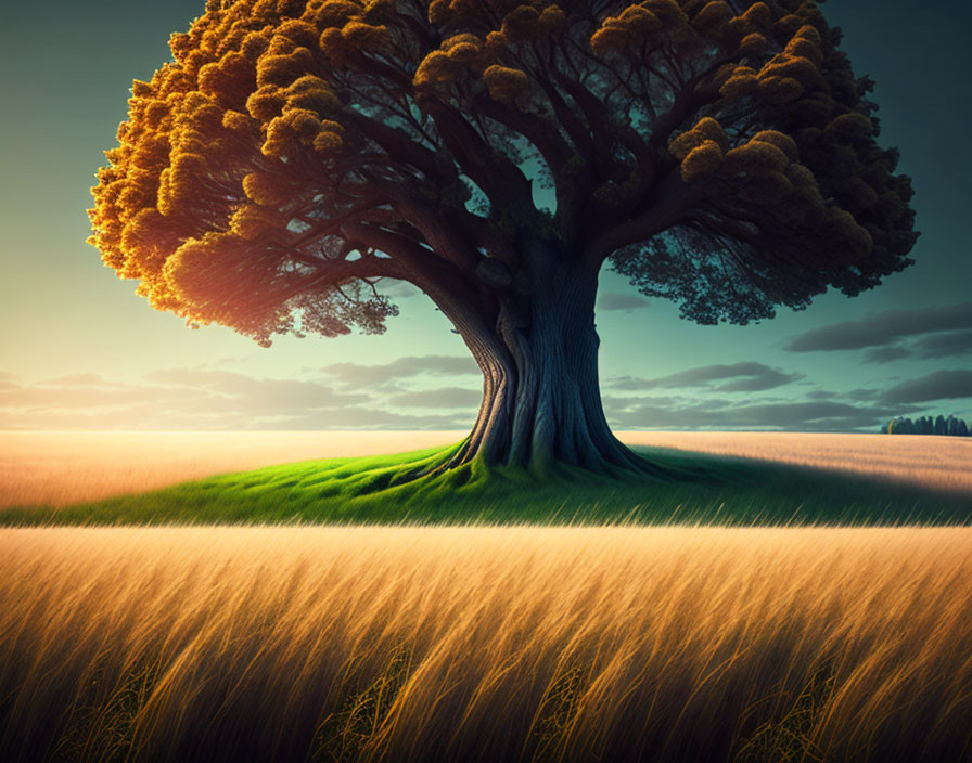 Majestic tree with lush canopy on serene hill at sunset