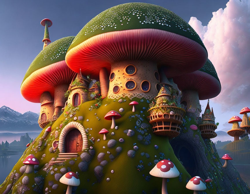 Whimsical illustration of green hill with mushroom houses