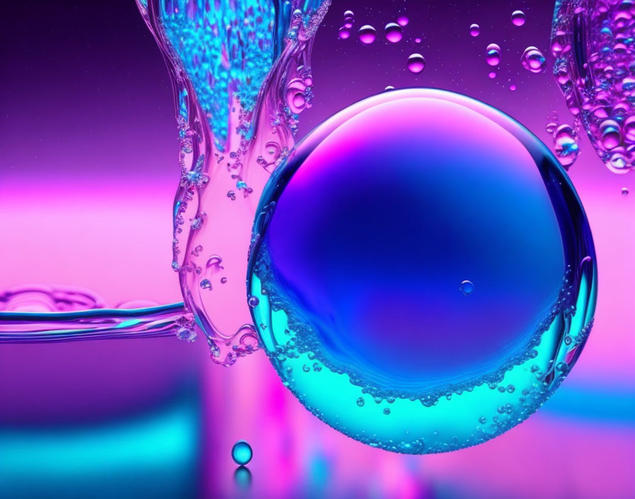 Vibrant blue and pink bubble with water droplets on gradient background