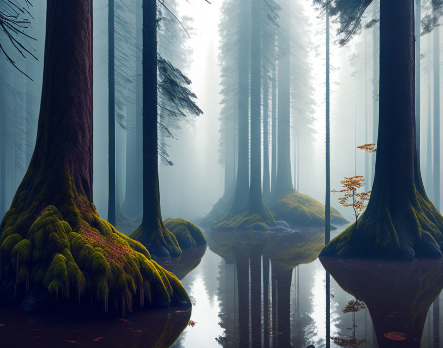 Misty forest scene with tall trees and water around bases