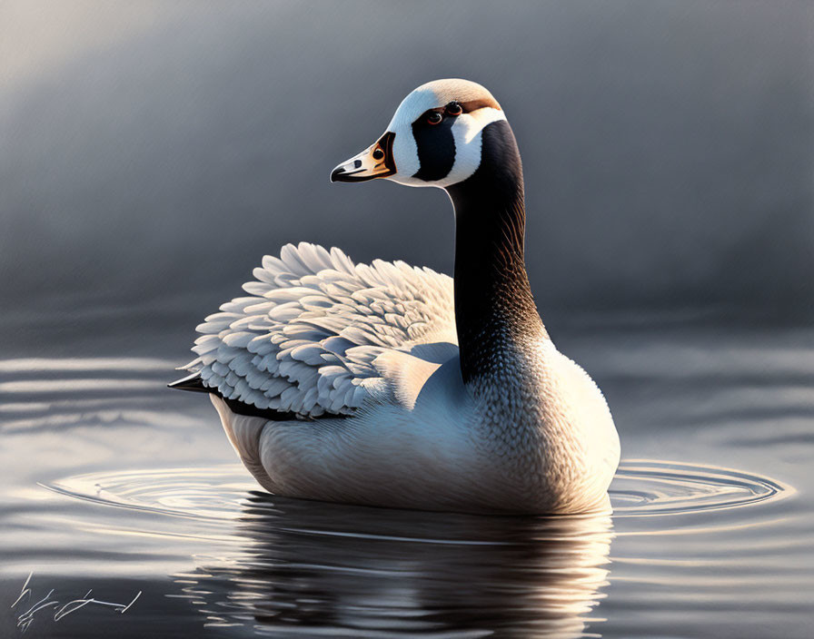 Goose floating on calm water with soft lighting and feather texture