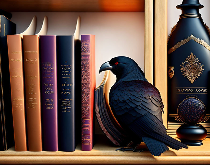 Black crow perched near elegant books and ornate vase in sophisticated still life