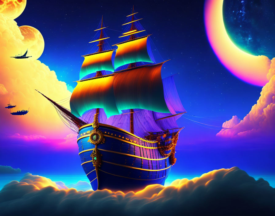 Fantastical digital artwork: Galleon sailing in sky with moons and sunset