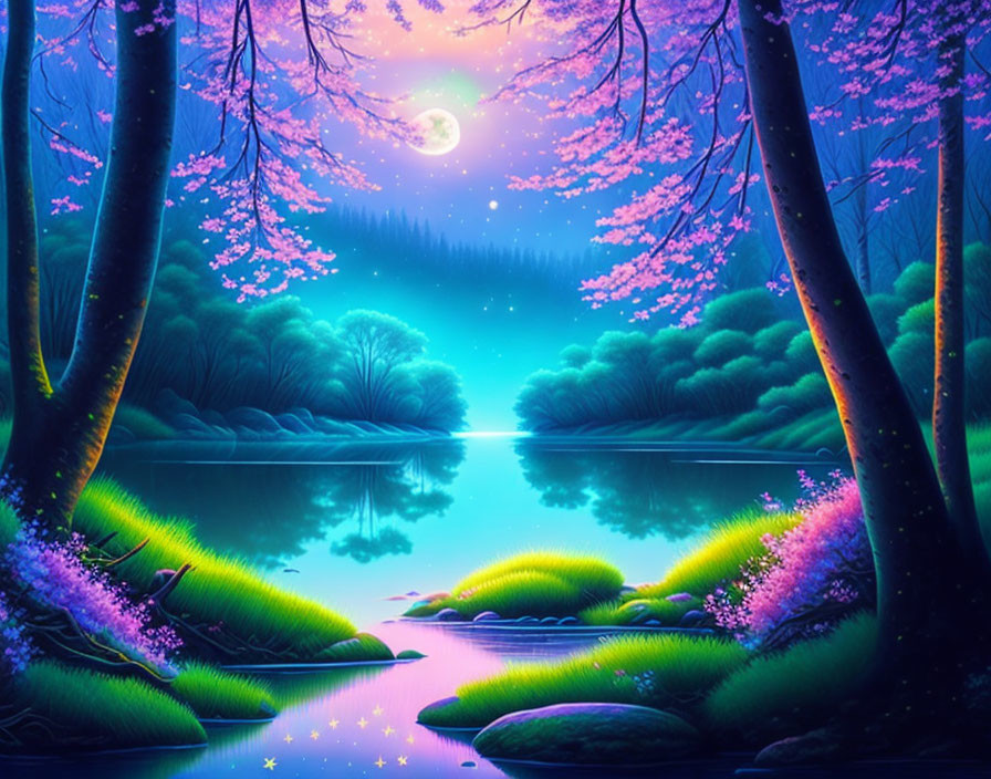 Fantastical landscape with pink trees, serene lake, glowing moon