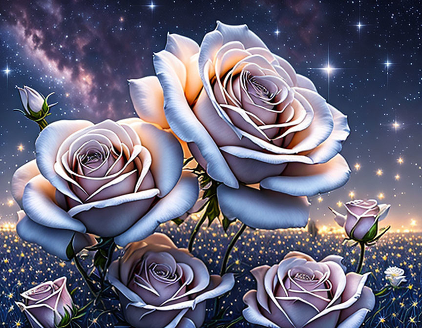 Vibrant oversized roses in a magical night sky setting