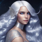 Illustration of woman with white hair and blue eyes in silver attire under starry sky