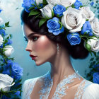 Intricate hairstyle with blue roses, elegant jewelry, lace gown, floral background