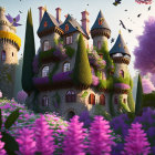 Majestic castle in lush purple landscape with soaring towers and birds in clear sky