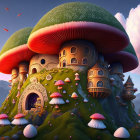 Whimsical illustration of green hill with mushroom houses