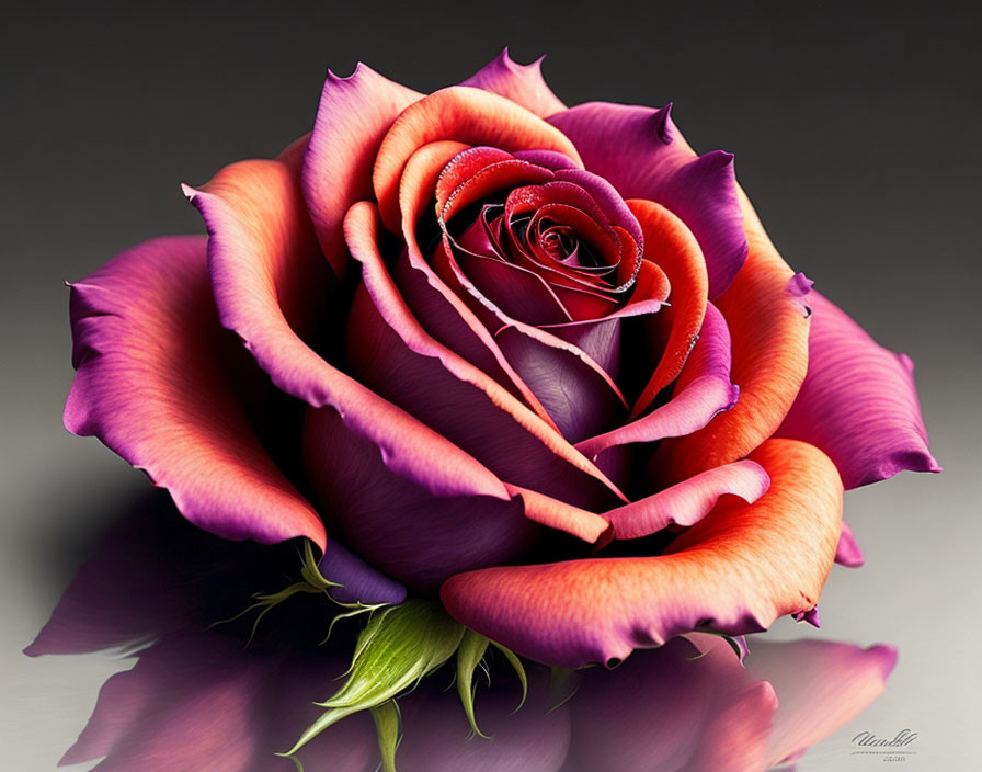 Colorful rose with purple to orange petals on reflective background