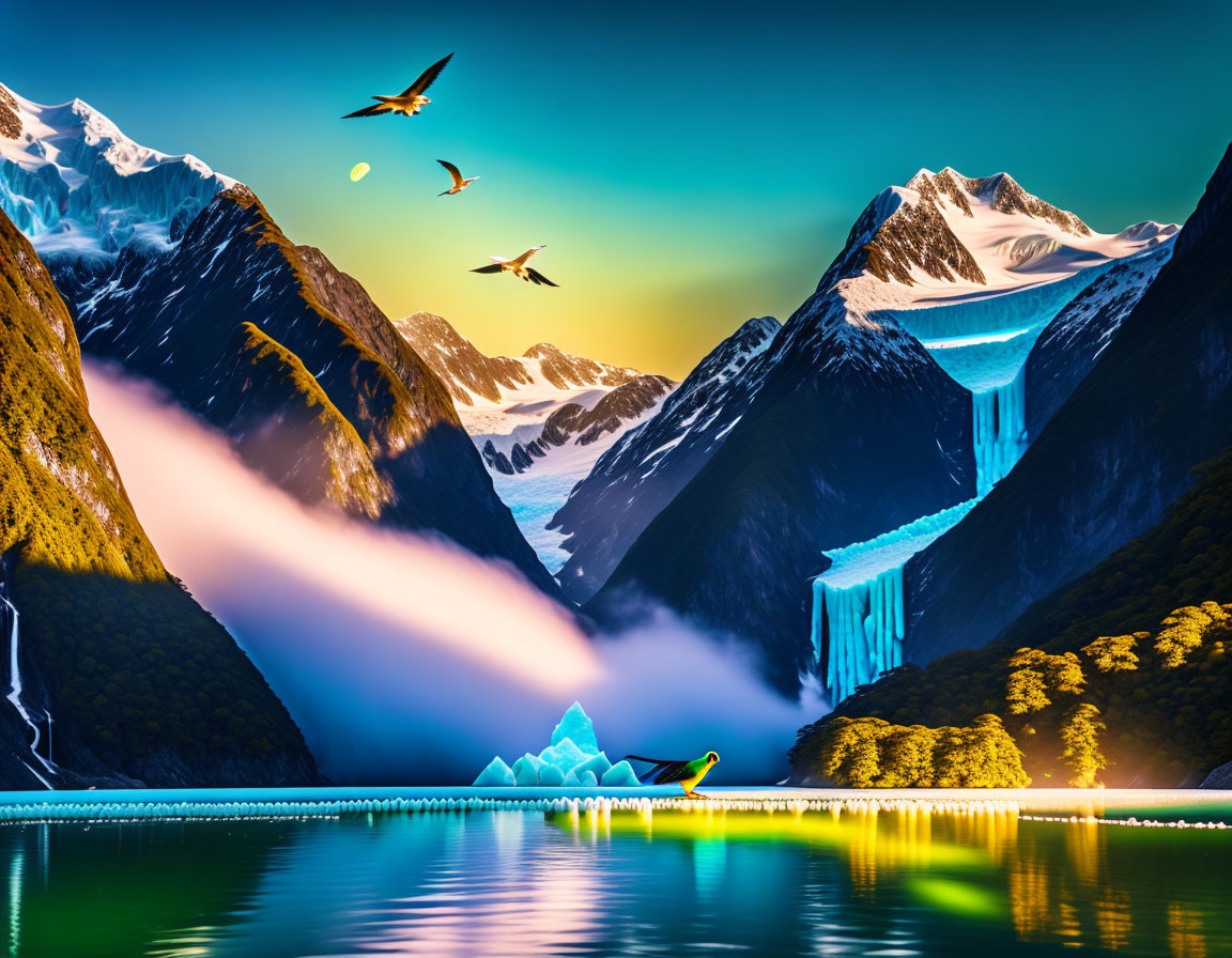 Scenic landscape with green lake, icebergs, glacier, snowy peaks, and birds.