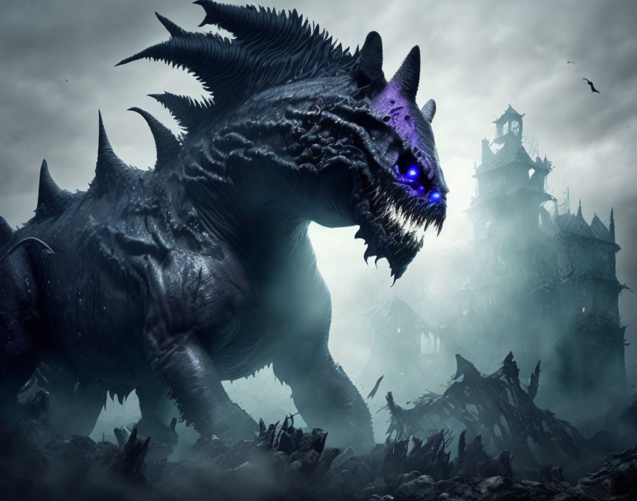 Menacing black dragon with glowing blue eyes and towering spikes before shadowy castle under gloomy sky.