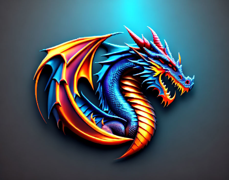 Colorful dragon illustration with blue scales and red spikes on dark background
