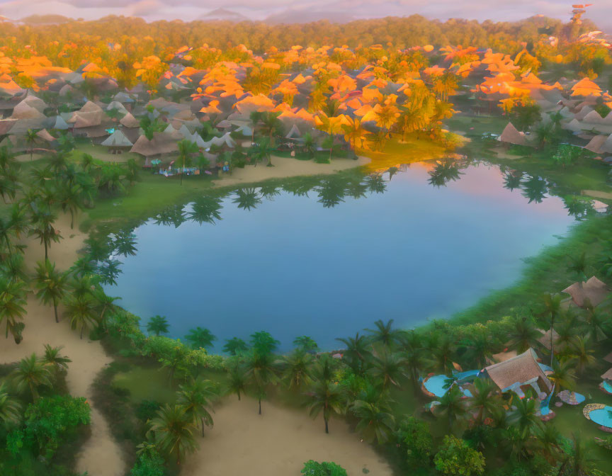 Tranquil Tropical Village at Dusk with Thatched Houses & Blue Lake