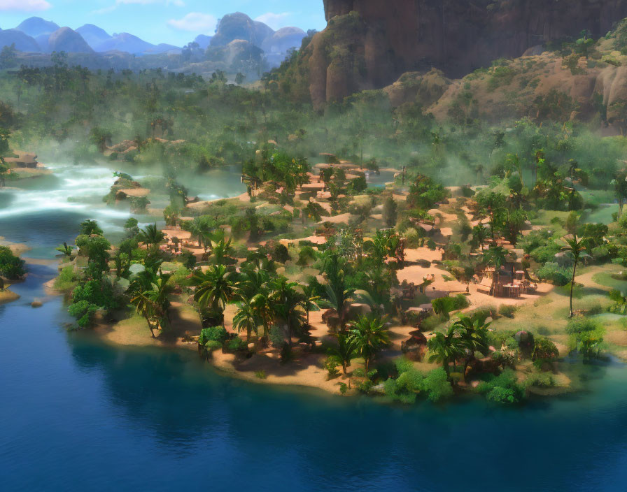 Tranquil oasis with palm trees, thatched huts, misty water, rocky cliffs,