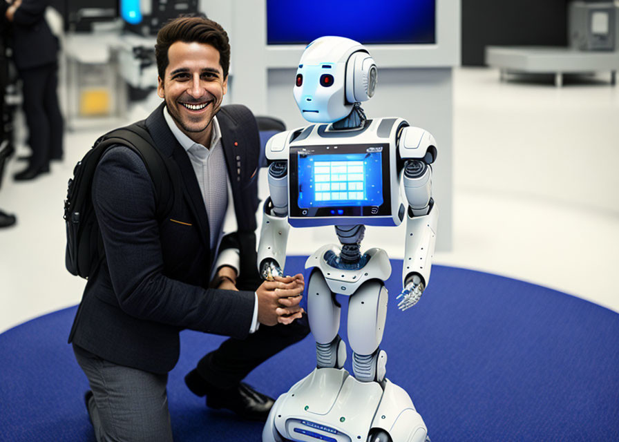 Businessman shaking hands with humanoid robot in modern setting