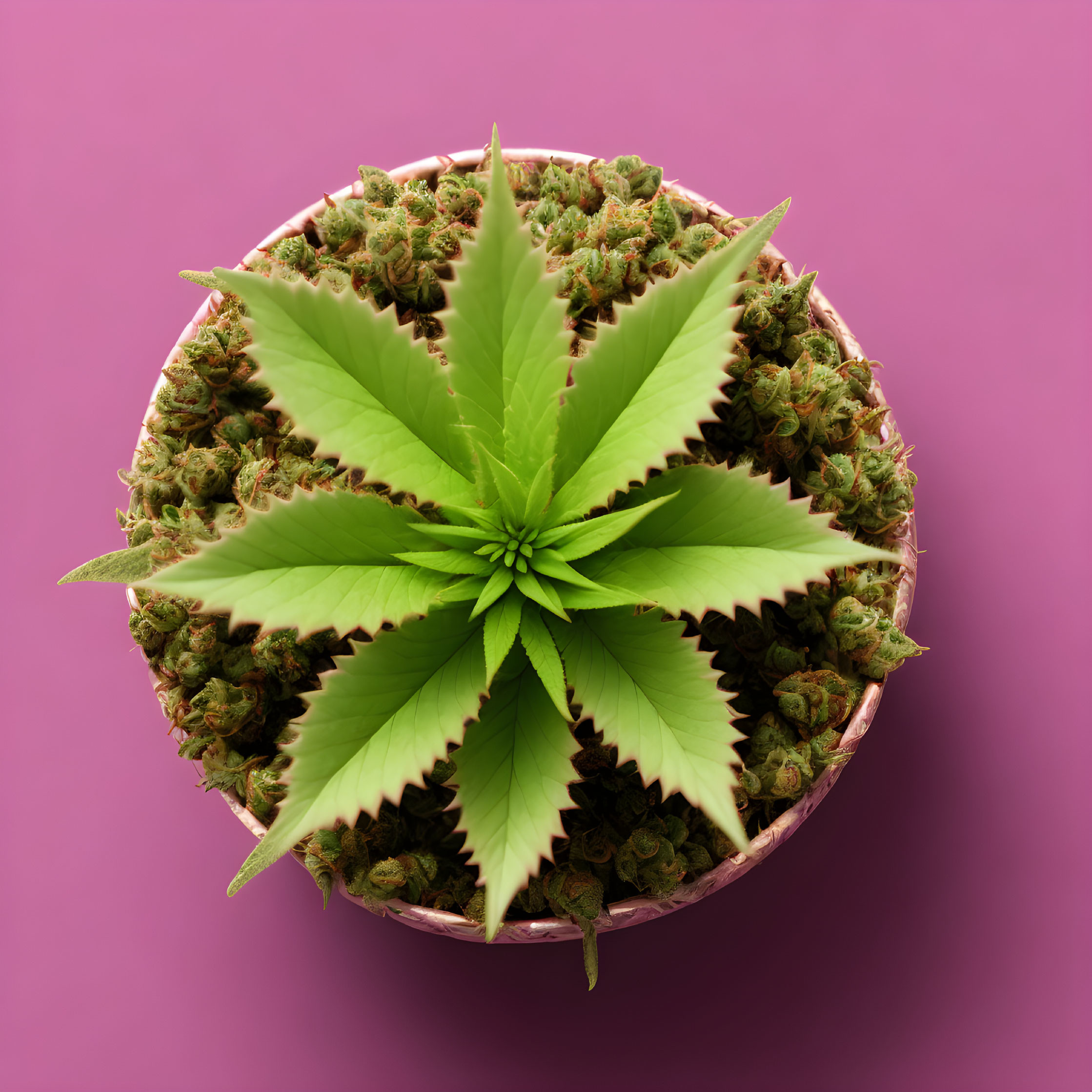 Green Cannabis Plant with Broad Leaves and Dried Buds on Purple Background