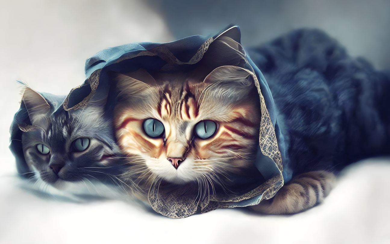 Two Cats with Intense and Calm Expressions in Fabric Setting