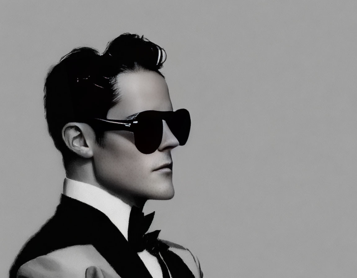 Slicked-back hair person in tuxedo and sunglasses pose.