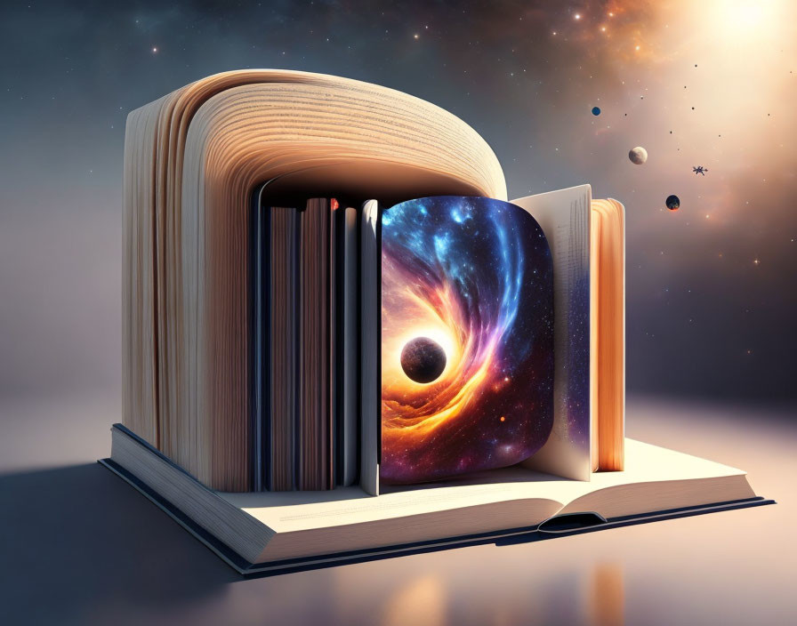 Open book with cosmic pages on starry background