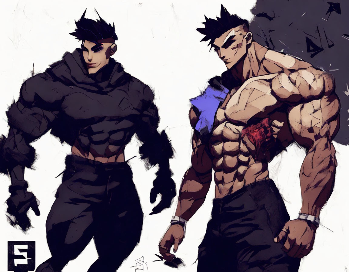 Two muscular animated male characters with dark hair, one in a hoodie and the other sleeveless, striking