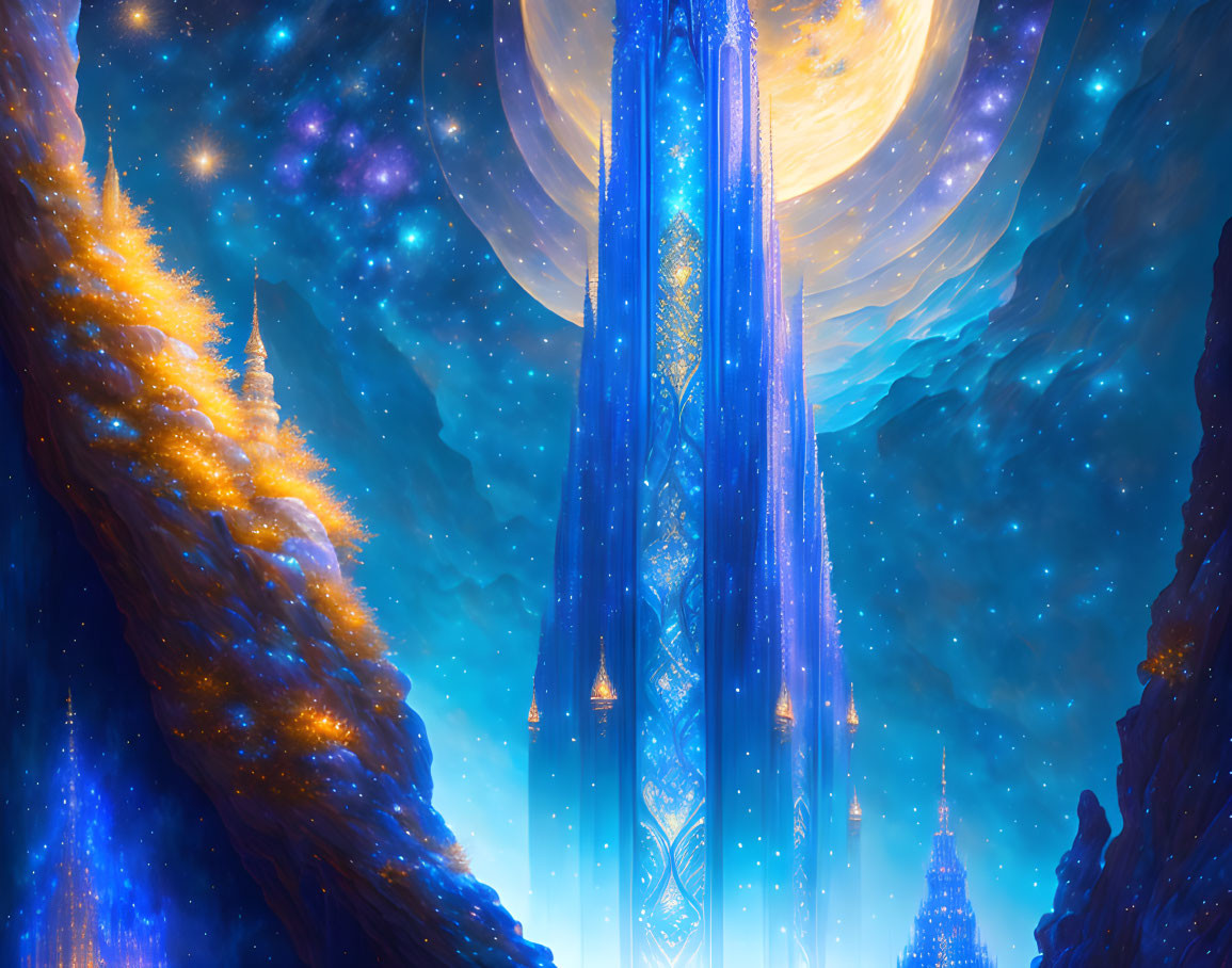 Golden trees, blue waterfalls, ornate towers, and a planet in a cosmic landscape