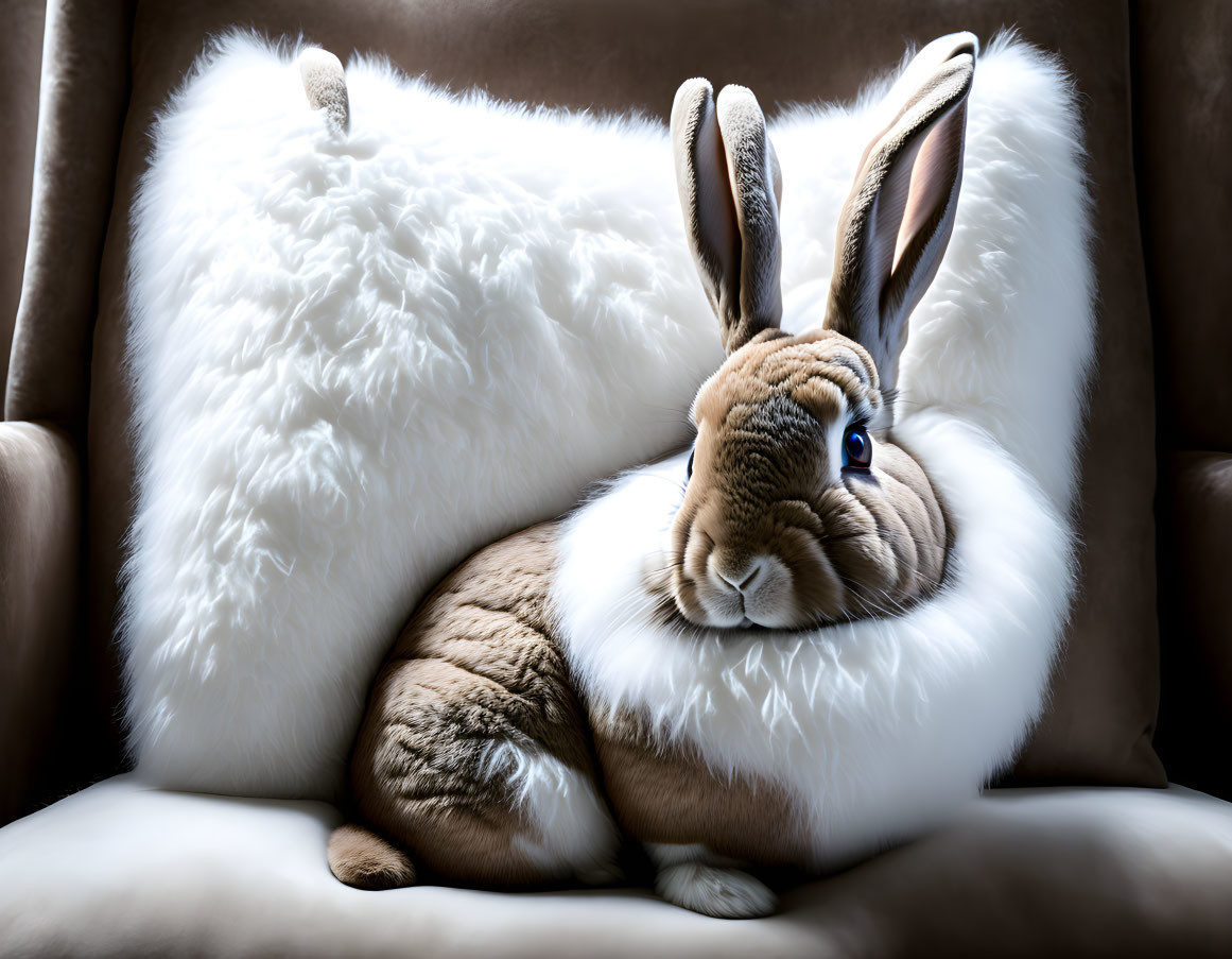 Brown and White Rabbit with Blue Eyes on Fluffy Cushion by Leather Couch