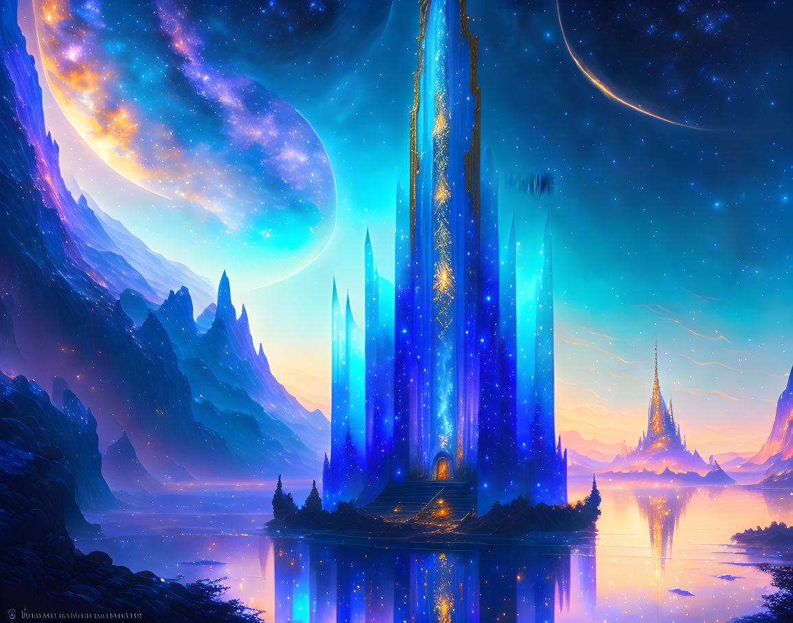 Fantastical landscape with glowing blue crystal tower, mountains, starry night sky.