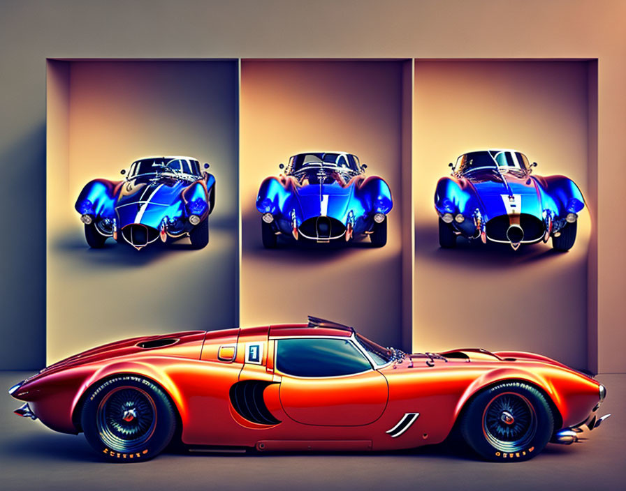 Vibrant blue classic sports cars on panels with sleek orange race car