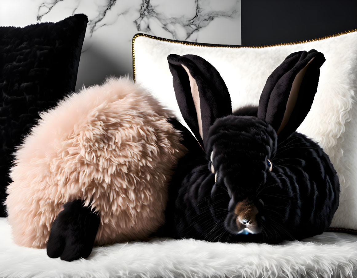 Black Plush Bunny Among Fluffy Pillows on Marble Background