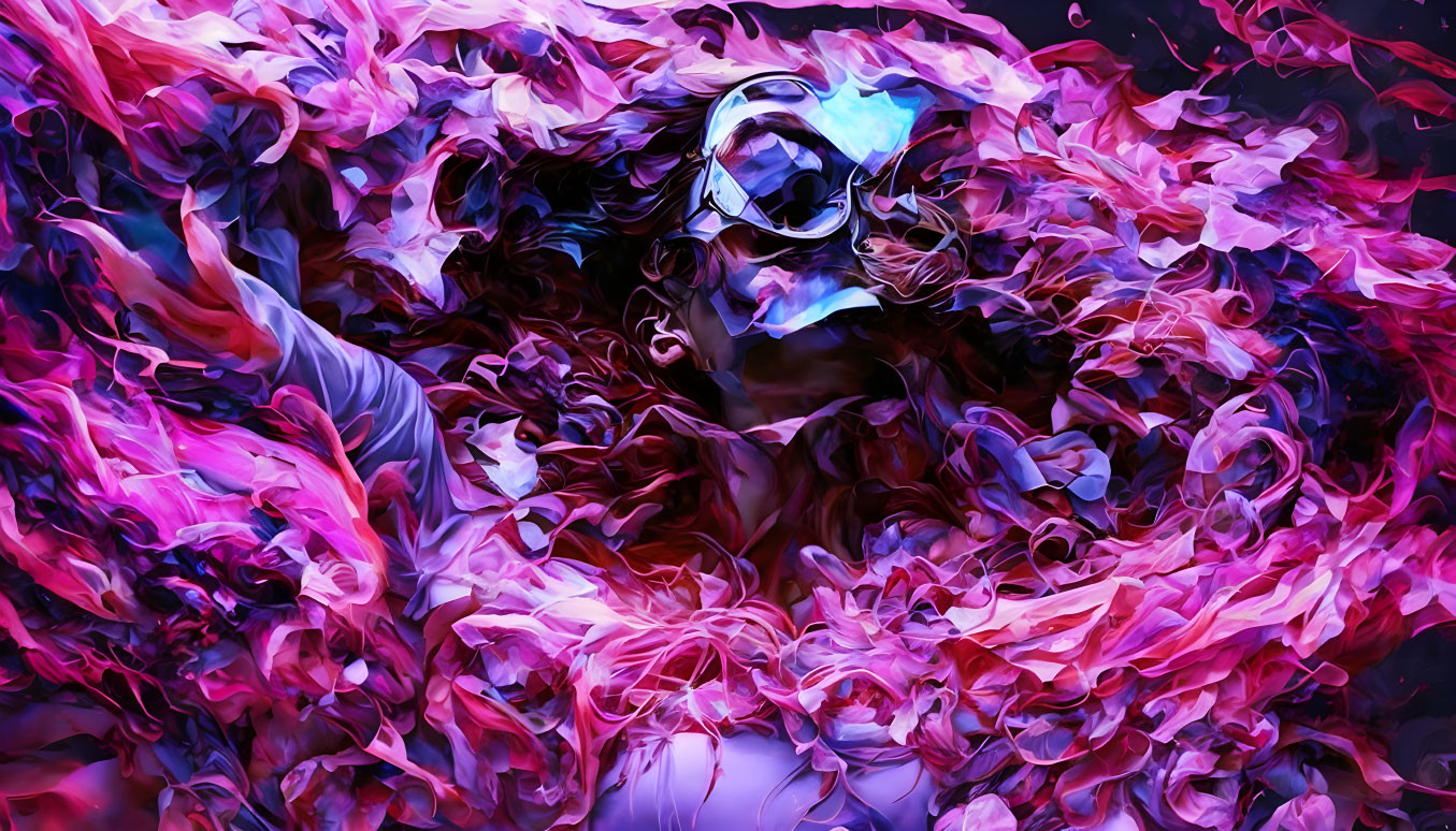 Colorful Abstract Digital Art of Person with Goggles in Swirling Pink and Blue Shapes
