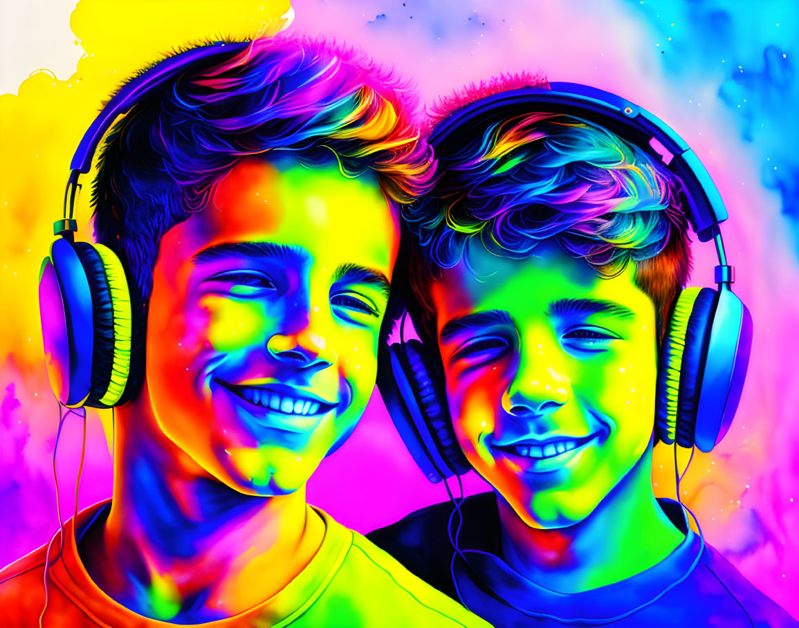 Smiling People in Headphones with Neon Background