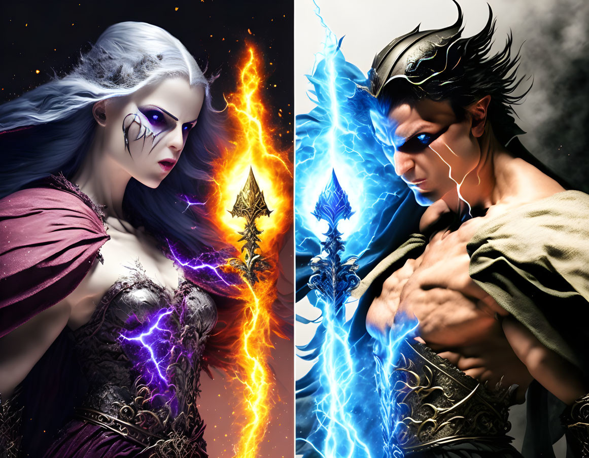 Fantasy artwork of female mage and male warrior with elemental powers divided by fiery border