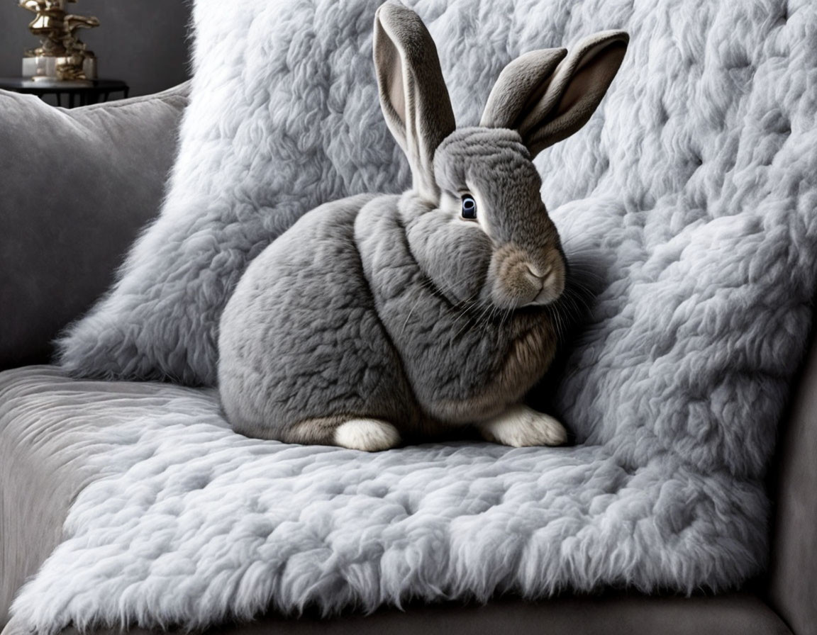 Gray rabbit blending with fluffy couch cushion