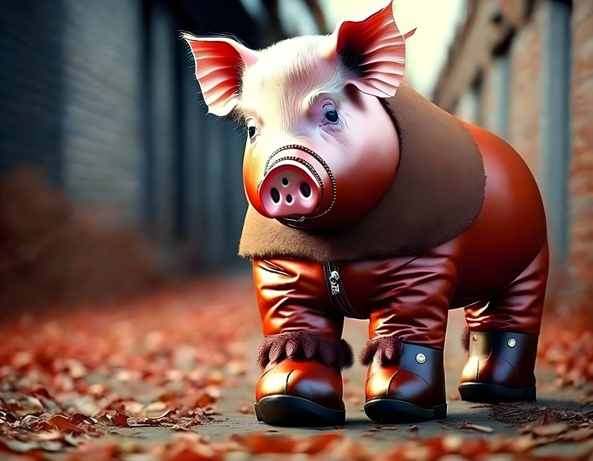 Whimsical piglet in leather jacket and boots in autumn alley