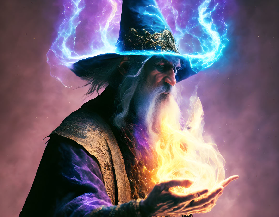 Bearded wizard casting electric and fire magic in mystical setting