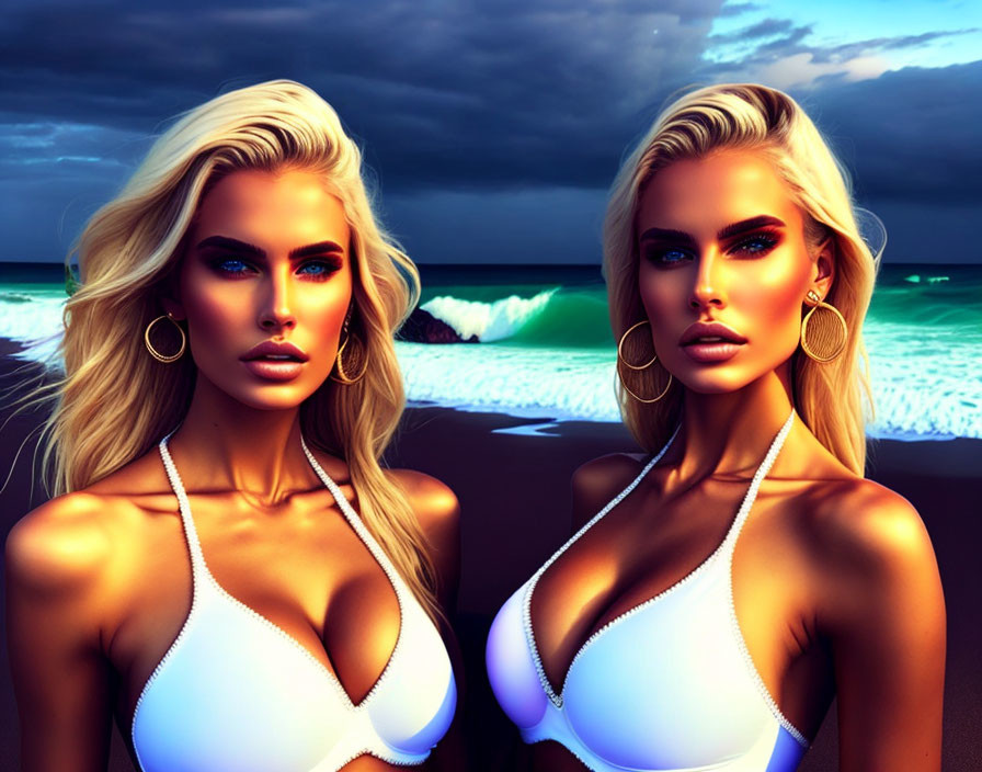 Identical women in white swimsuits on beach at dusk