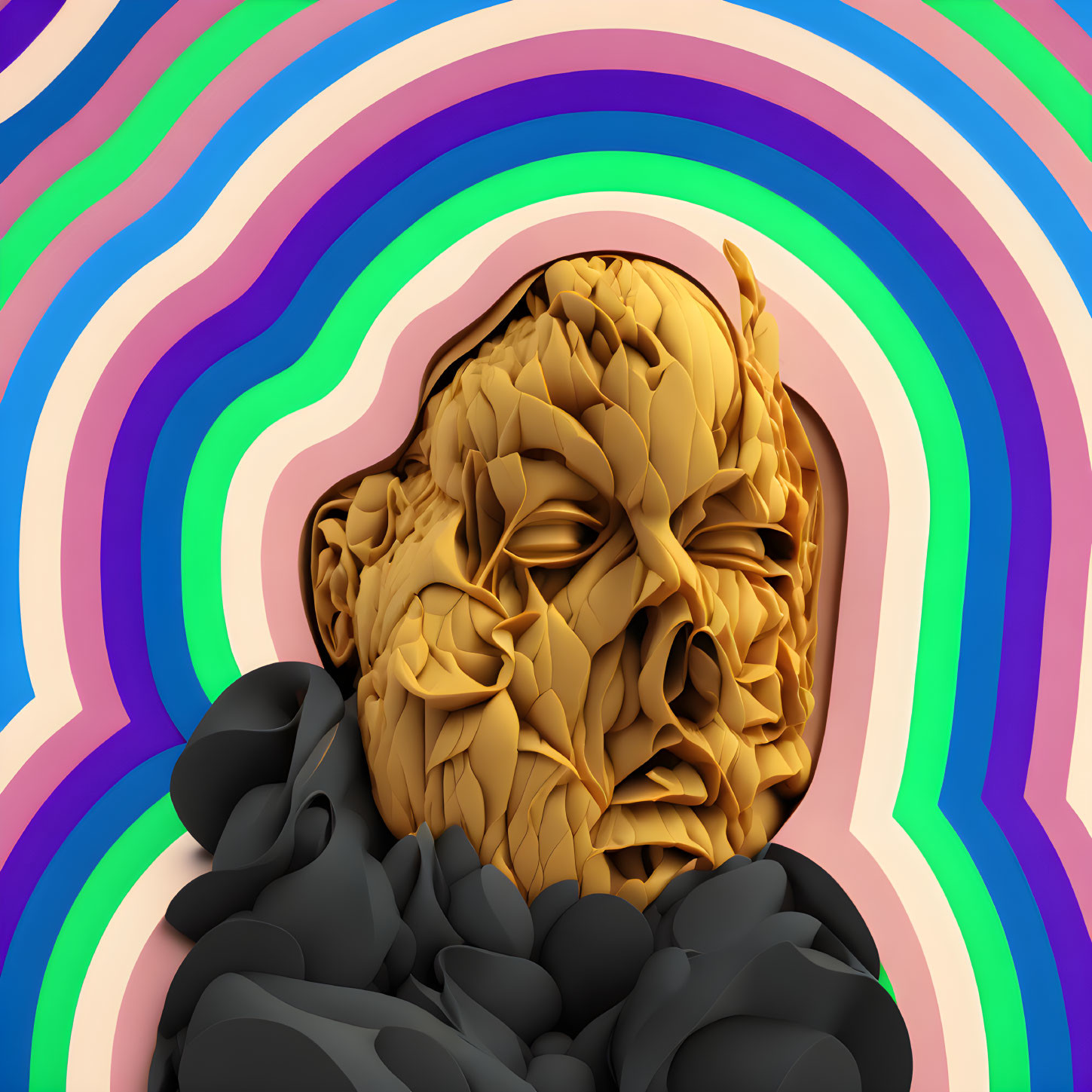 Golden leaf 3D human face on rainbow background