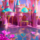 Fairytale castle with pink and blue spires and golden accents