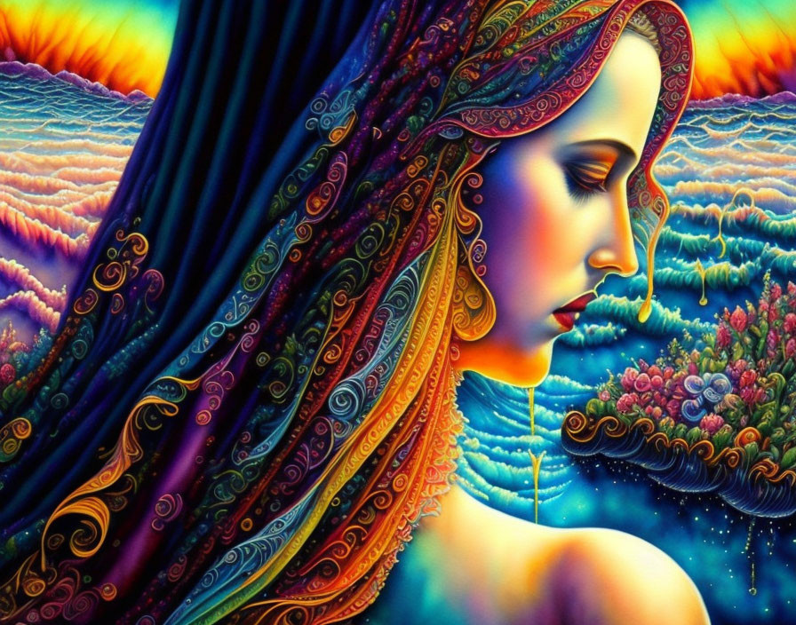 Colorful Stylized Woman Artwork Against Psychedelic Background